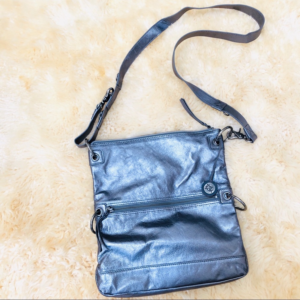 Silver grey gray metallic leather The Sak crossbody shoulder bag handbag purse
